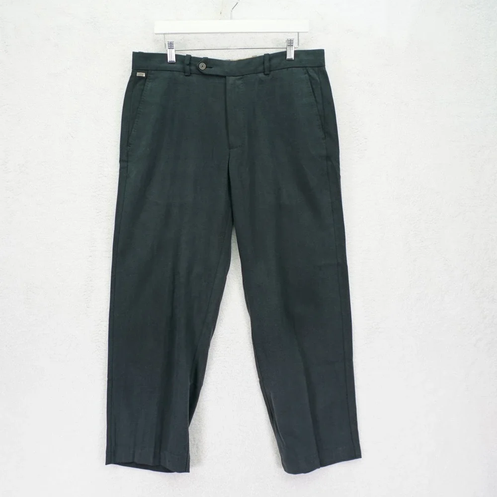 Tommy Bahama Silk Cotton Black Flat Front Herringbone Dress Pants 34/28.5 Mid Ri